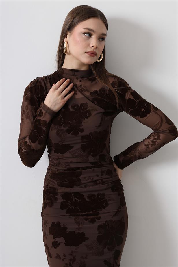 RYN Floral Pattern Tulle Dress - Brown - Montgomery Village