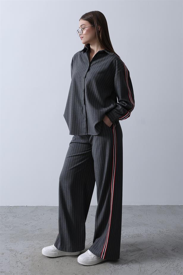 RYN Striped Polyviscose Shirt Trousers Set - Anthracite - La Roche-sur-Yon