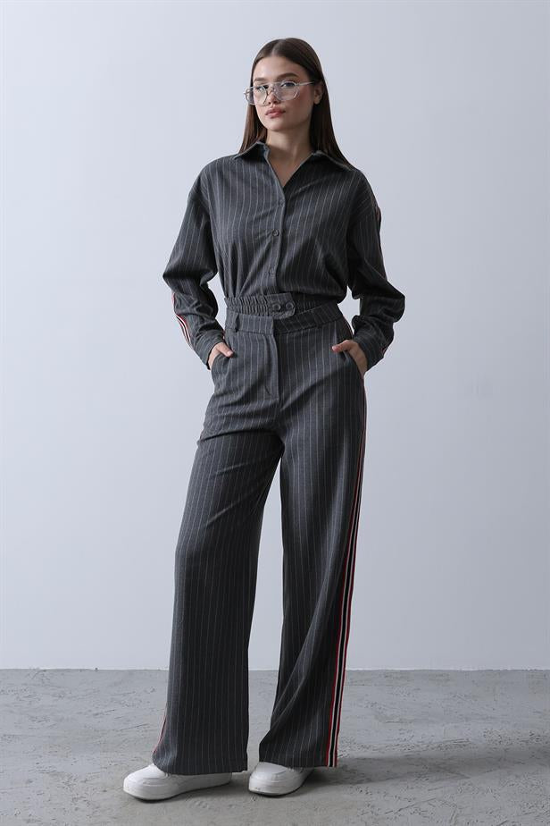 RYN Striped Polyviscose Shirt Trousers Set - Anthracite - La Roche-sur-Yon