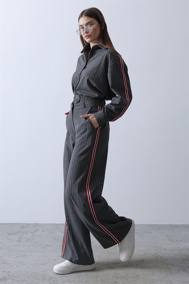 RYN Striped Polyviscose Shirt Trousers Set - Anthracite - La Roche-sur-Yon