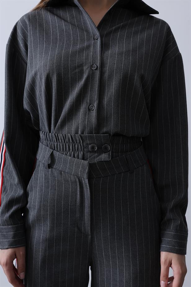 RYN Striped Polyviscose Shirt Trousers Set - Anthracite - La Roche-sur-Yon