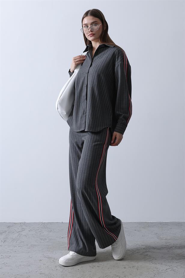 RYN Striped Polyviscose Shirt Trousers Set - Anthracite - La Roche-sur-Yon