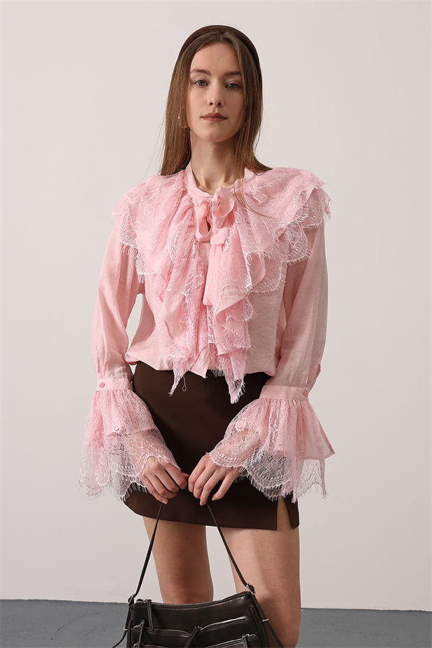 RYN DANTELLİ FRANSIZ GÖMLEK - Pembe - Garges-lès-Gonesse