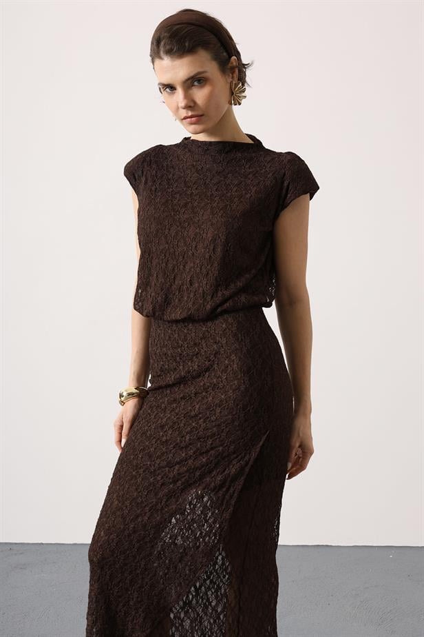 RYN DANTELLİ SIFIR KOL ELBİSE - Kahve - Porirua