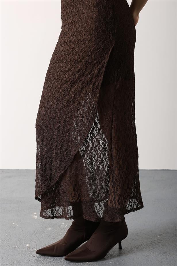 RYN DANTELLİ SIFIR KOL ELBİSE - Kahve - Porirua