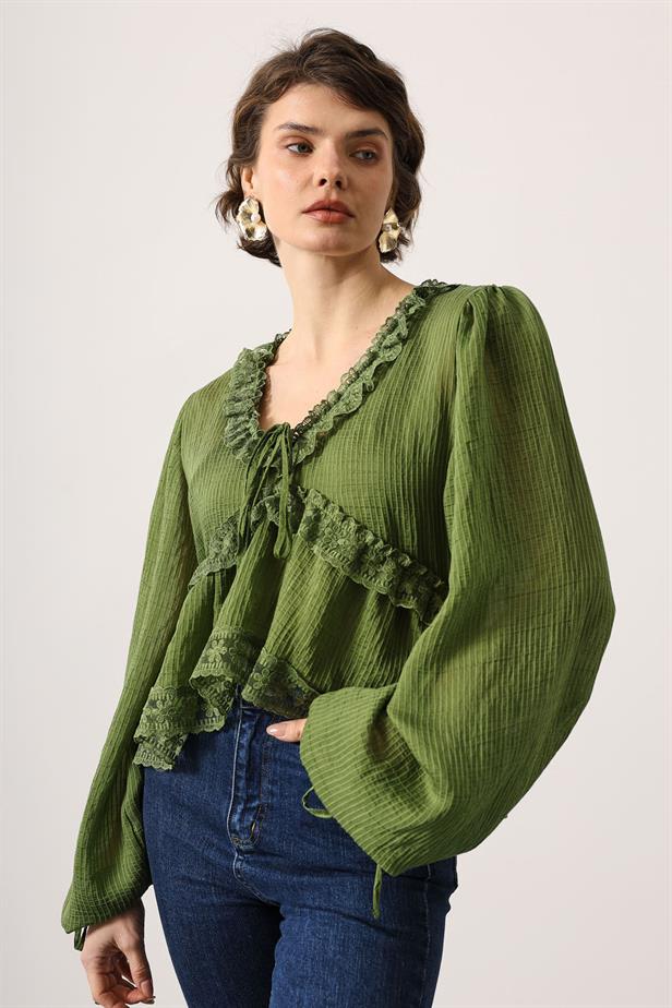 RYN LACE LONG SLEEVE BLOUSE - Green - Beaverton
