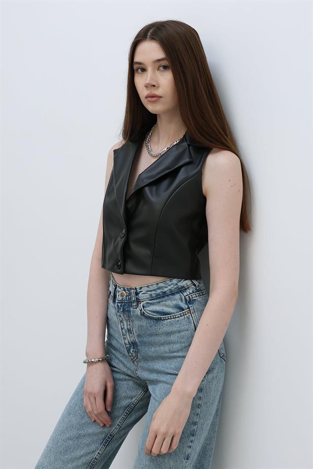 RYN LEATHER VEST - Black - Launceston