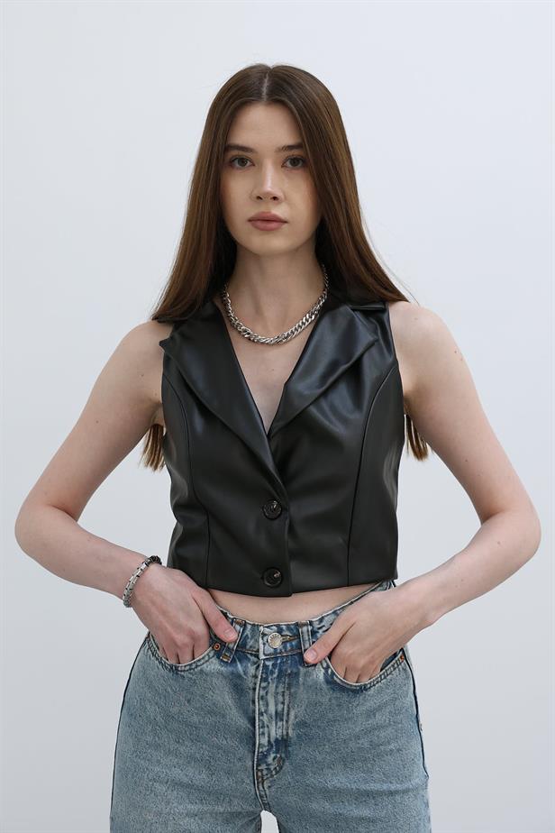 RYN LEATHER VEST - Black - Launceston