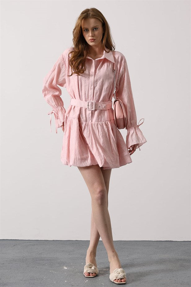 RYN DESENLİ KEMER DETAYLI MİNİ ELBİSE - Pembe - Yonkers