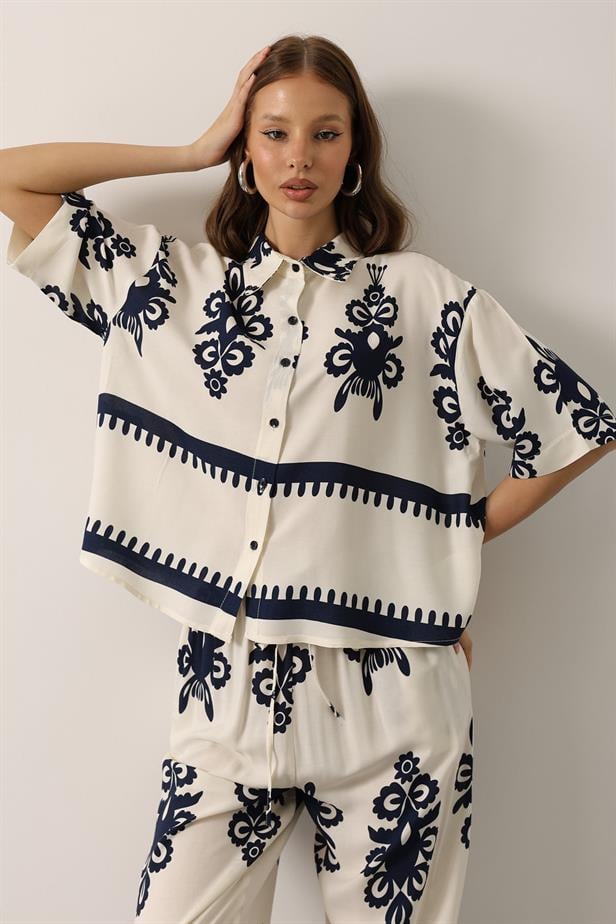 RYN Patterned Short Sleeve Shirt Set - White - Genk