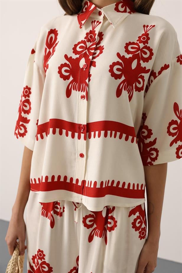 RYN Patterned Short Sleeve Shirt Set - Burgundy - Beaumont
