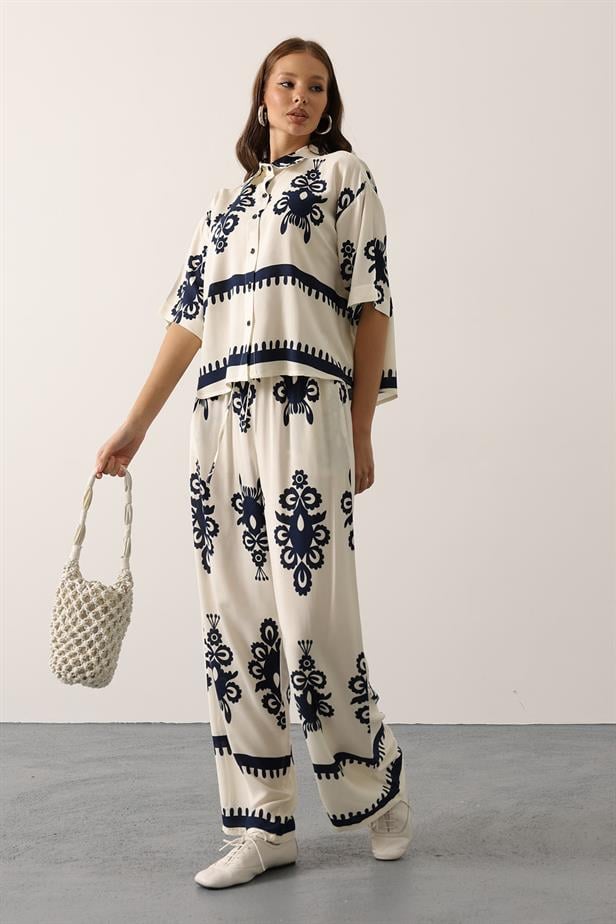 RYN Patterned Short Sleeve Shirt Set - White - Genk