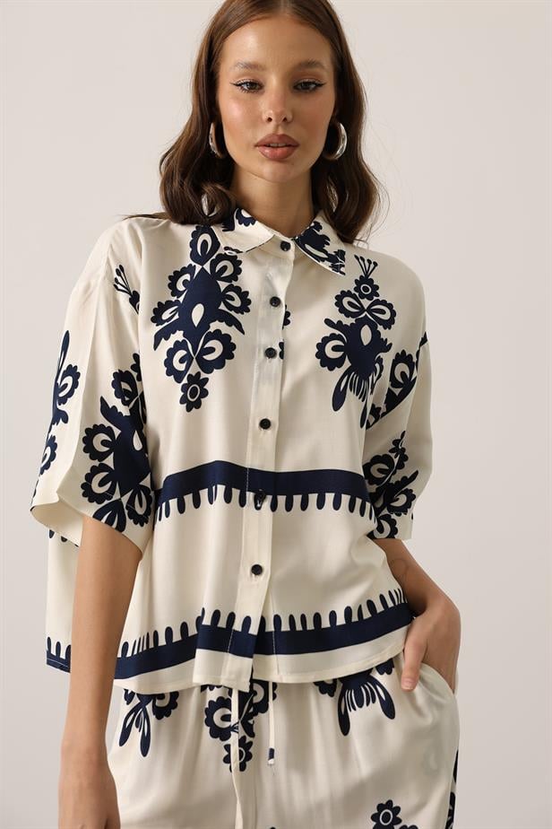 RYN Patterned Short Sleeve Shirt Set - White - Genk