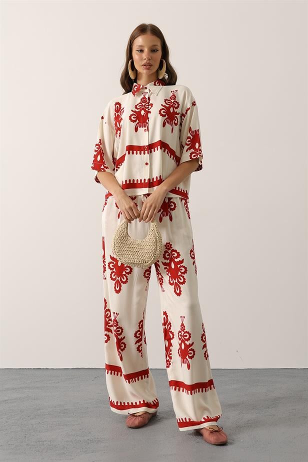 RYN Patterned Short Sleeve Shirt Set - Burgundy - Beaumont
