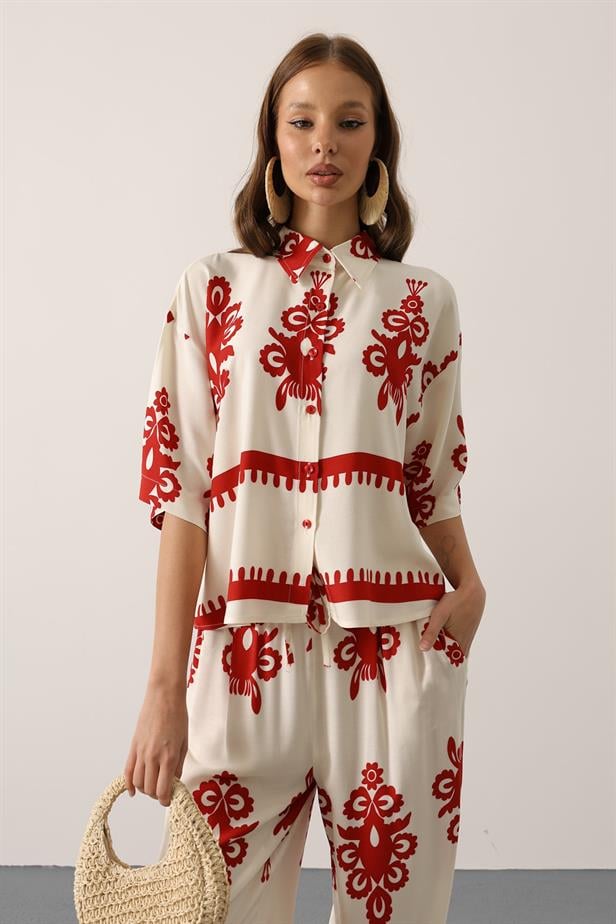RYN Patterned Short Sleeve Shirt Set - Burgundy - Beaumont