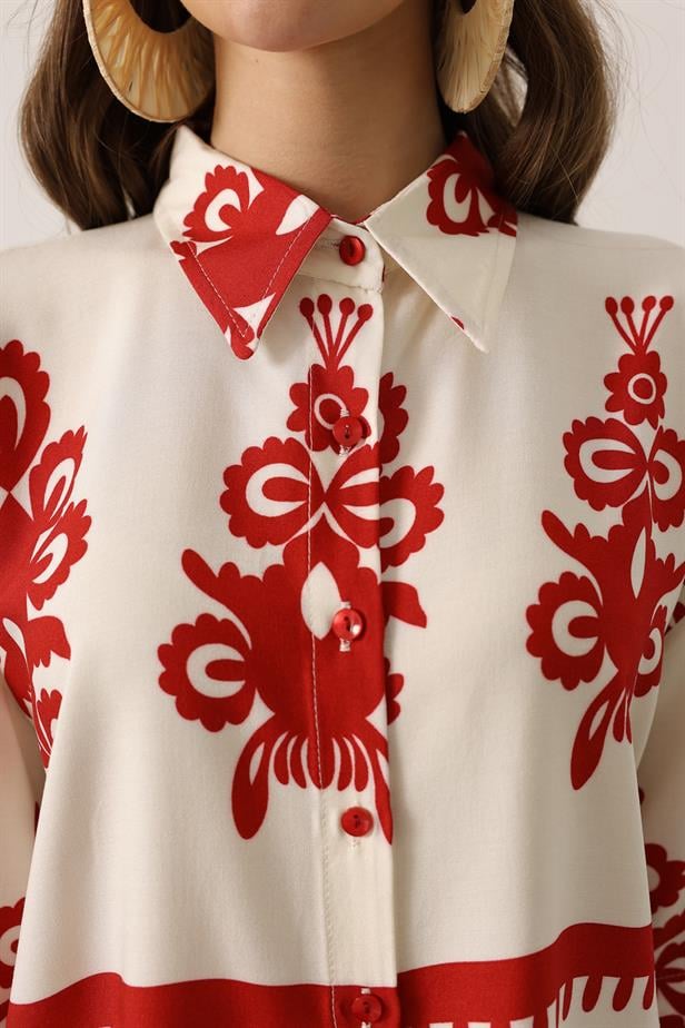 RYN Patterned Short Sleeve Shirt Set - Burgundy - Beaumont