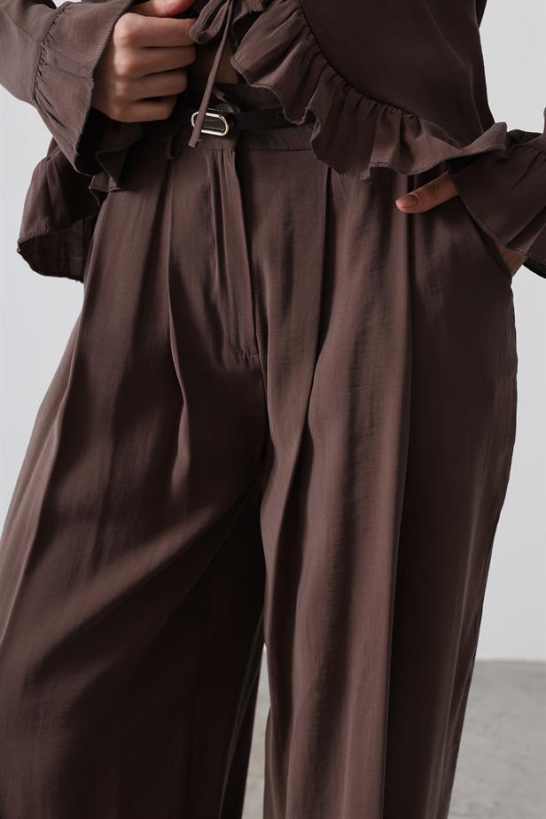RYN Ruffle Detail Blouse Pants Set - Brown - Spalding