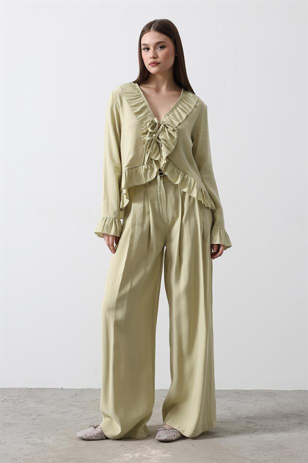 RYN Ruffle Detail Blouse Pants Set - Olive Green - Savannah