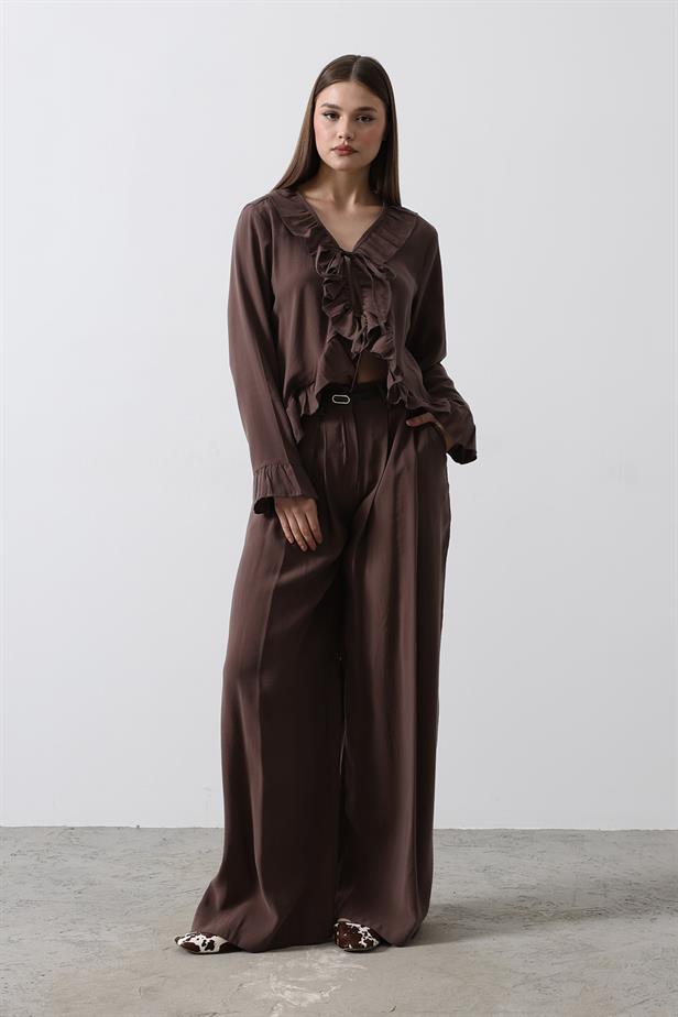 RYN Ruffle Detail Blouse Pants Set - Brown - Spalding