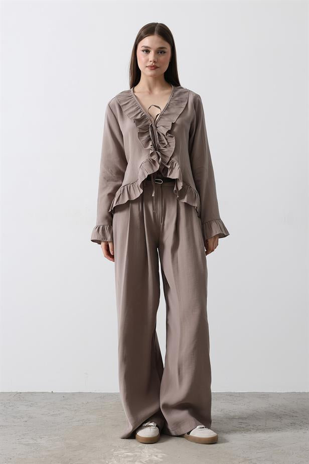 RYN Ruffle Detail Blouse Pants Set - Mink - Playas de Rosarito