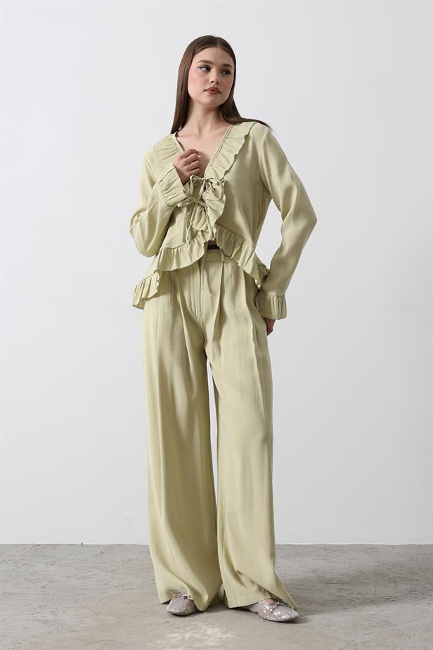 RYN Ruffle Detail Blouse Pants Set - Olive Green - Savannah