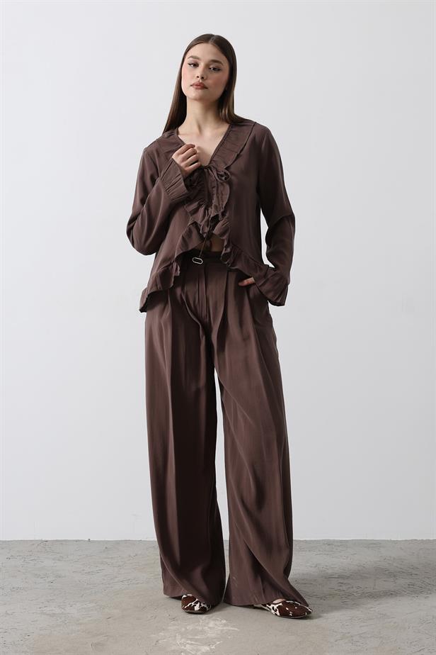 RYN Ruffle Detail Blouse Pants Set - Brown - Spalding