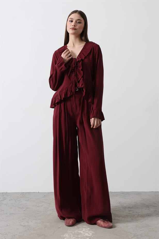 RYN Ruffle Detail Blouse Pants Set - Burgundy - McKinney
