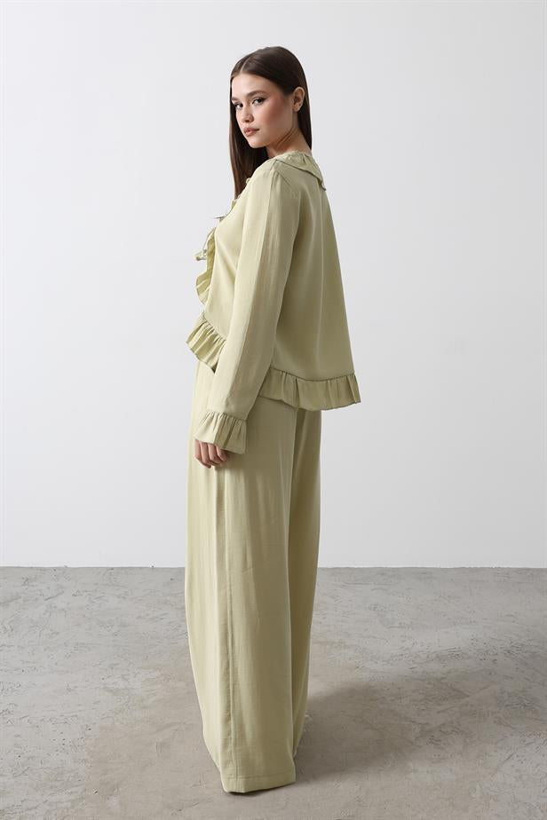 RYN Ruffle Detail Blouse Pants Set - Olive Green - Savannah