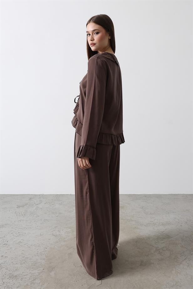RYN Ruffle Detail Blouse Pants Set - Brown - Spalding