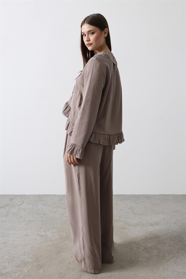 RYN Ruffle Detail Blouse Pants Set - Mink - Playas de Rosarito