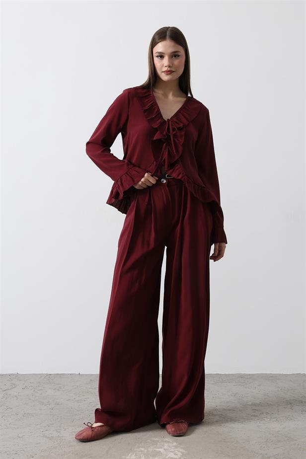 RYN Ruffle Detail Blouse Pants Set - Burgundy - McKinney