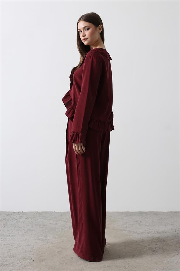 RYN Ruffle Detail Blouse Pants Set - Burgundy - McKinney