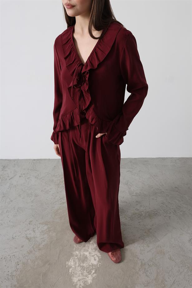 RYN Ruffle Detail Blouse Pants Set - Burgundy - McKinney