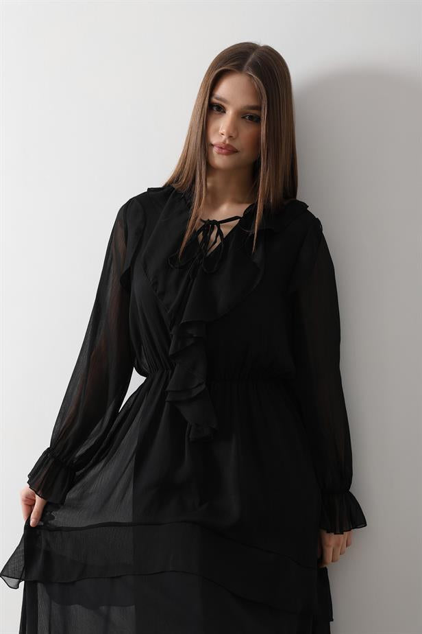RYN Ruffle Detail Chiffon Dress - Black - Delmenhorst