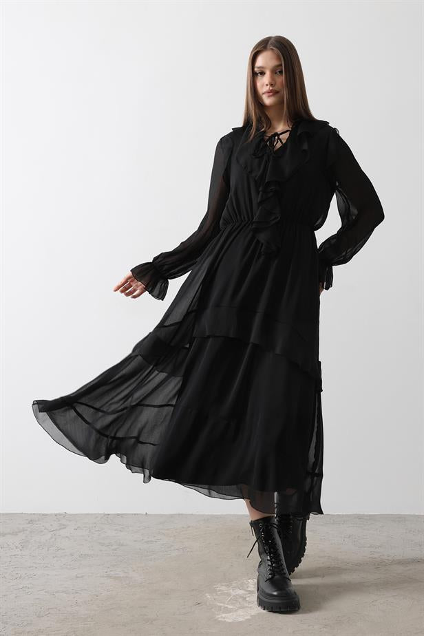 RYN Ruffle Detail Chiffon Dress - Black - Delmenhorst