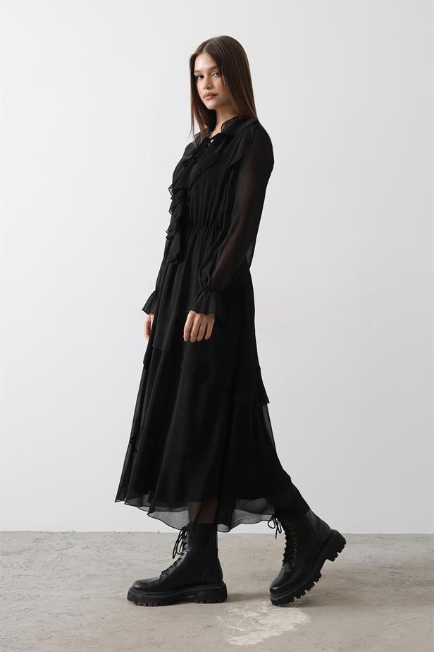 RYN Ruffle Detail Chiffon Dress - Black - Delmenhorst