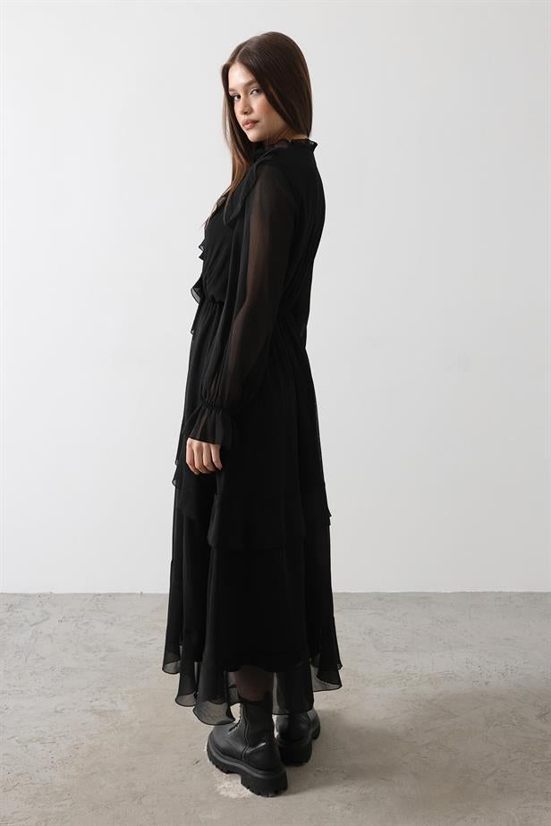RYN Ruffle Detail Chiffon Dress - Black - Delmenhorst