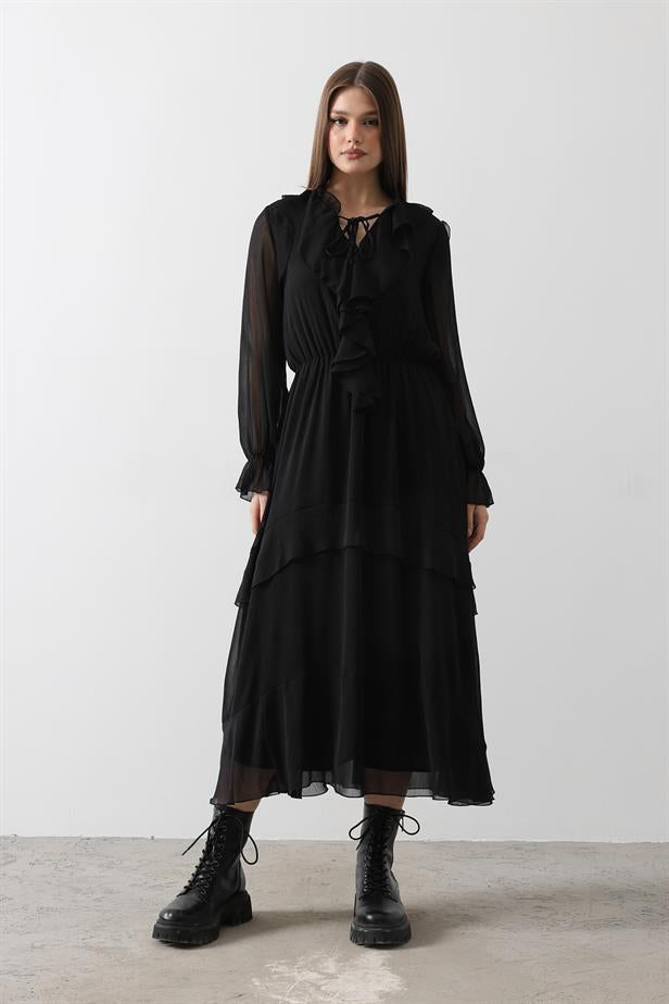 RYN Ruffle Detail Chiffon Dress - Black - Delmenhorst