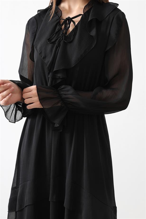 RYN Ruffle Detail Chiffon Dress - Black - Delmenhorst