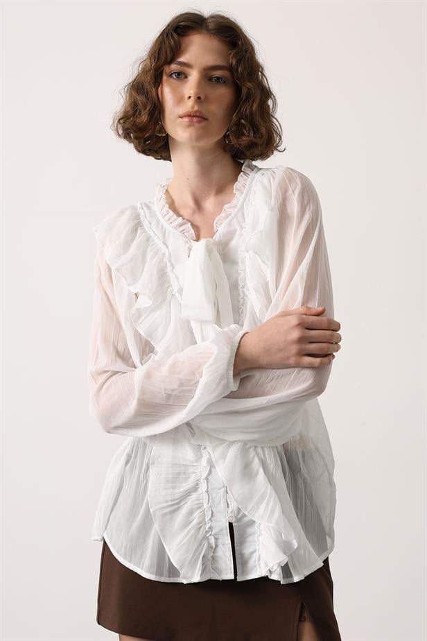 RYN RUFFLED COLLAR TIED BLOUSE - White - Texarkana