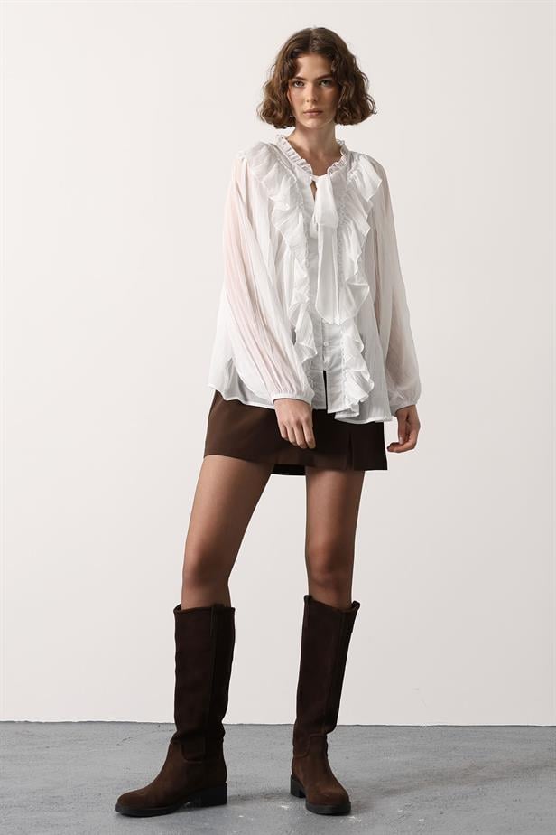 RYN RUFFLED COLLAR TIED BLOUSE - White - Texarkana