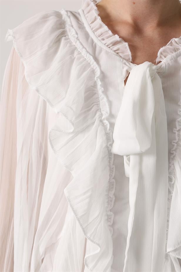 RYN RUFFLED COLLAR TIED BLOUSE - White - Texarkana