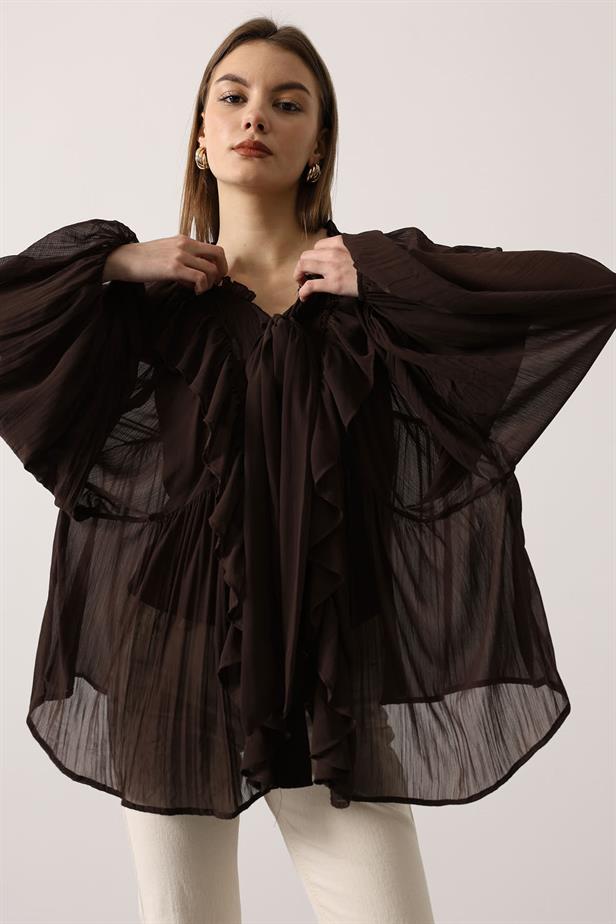 RYN RUFFLED COLLAR TIED BLOUSE - Brown - Azzano