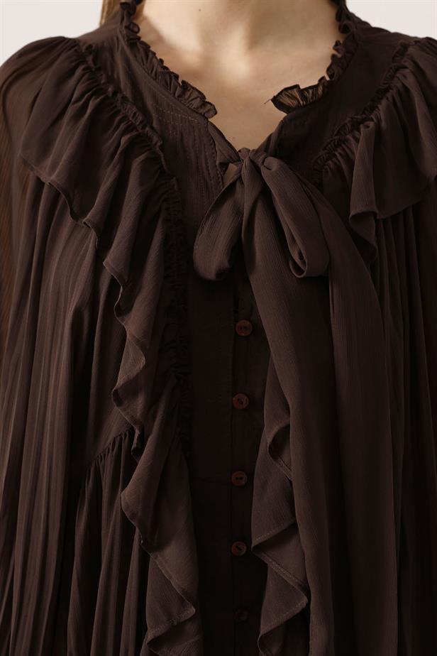RYN RUFFLED COLLAR TIED BLOUSE - Brown - Azzano