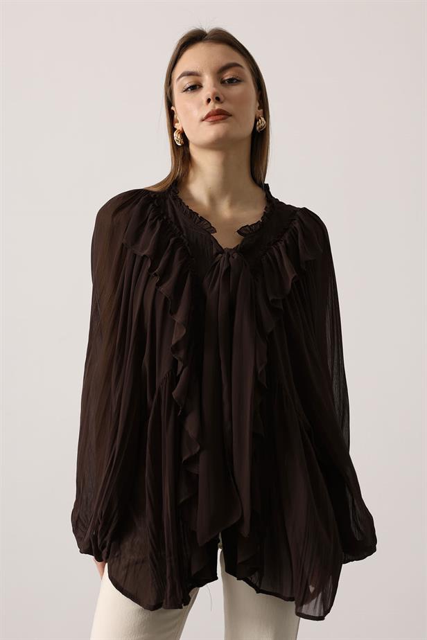 RYN RUFFLED COLLAR TIED BLOUSE - Brown - Azzano