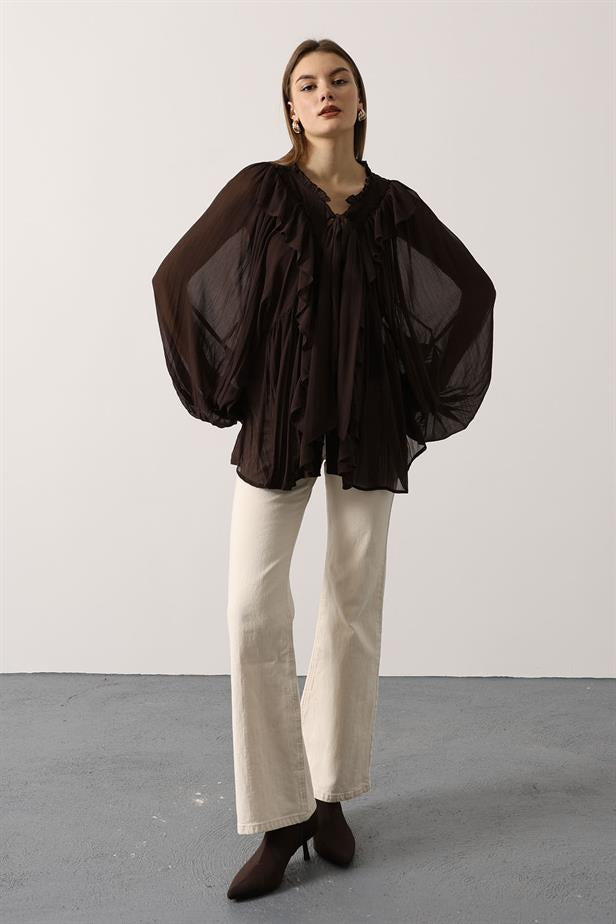 RYN RUFFLED COLLAR TIED BLOUSE - Brown - Azzano