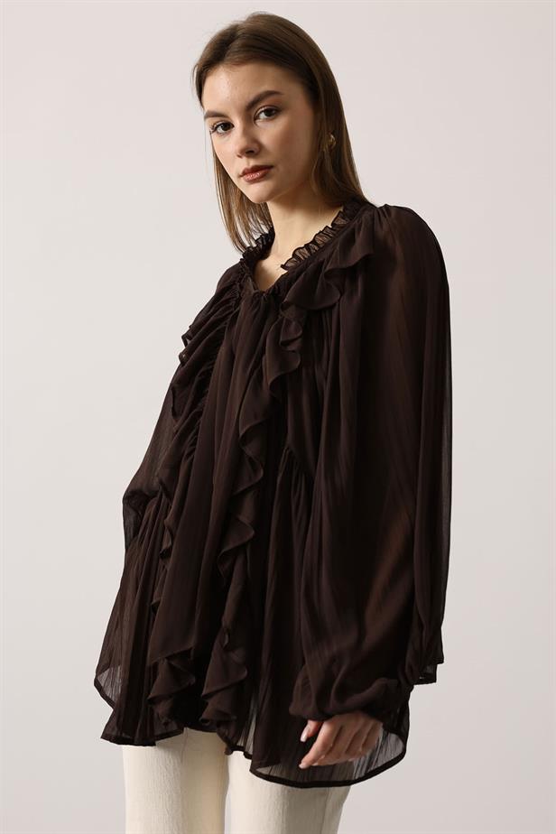 RYN RUFFLED COLLAR TIED BLOUSE - Brown - Azzano