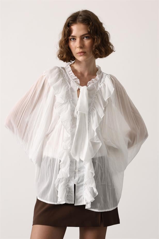 RYN RUFFLED COLLAR TIED BLOUSE - White - Texarkana
