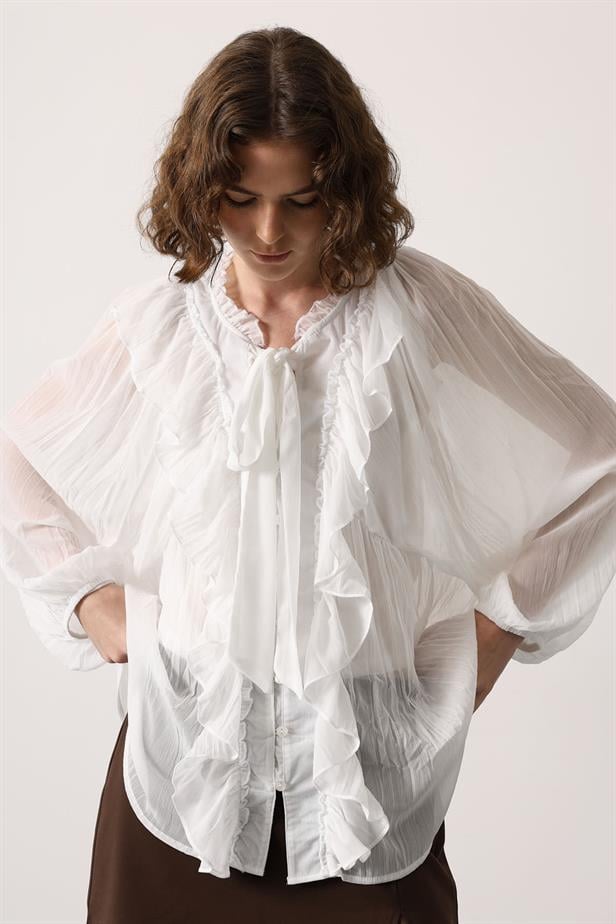 RYN RUFFLED COLLAR TIED BLOUSE - White - Texarkana