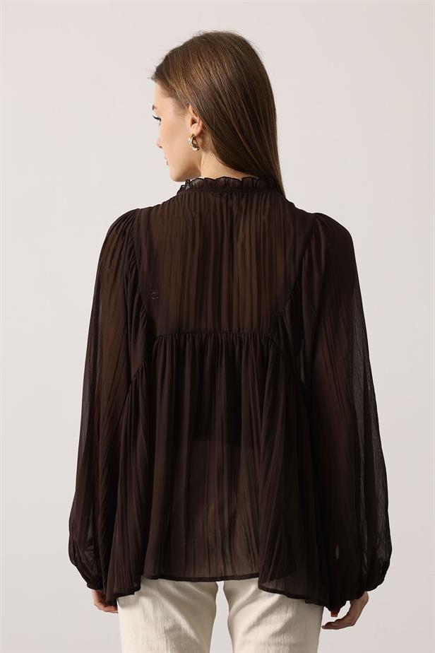 RYN RUFFLED COLLAR TIED BLOUSE - Brown - Azzano